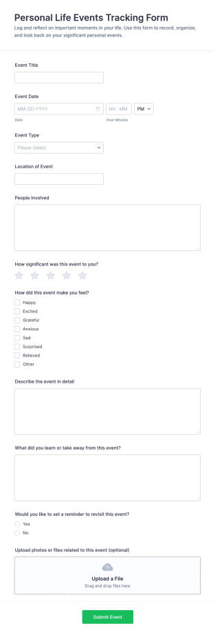 Personal Life Events Tracking Form Template