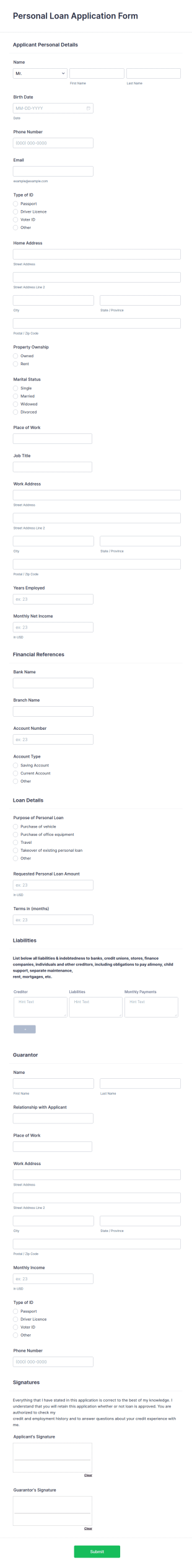 Personal Loan Application Form Template