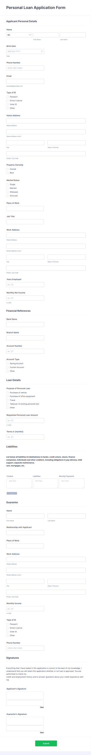 Personal Loan Application Form Template