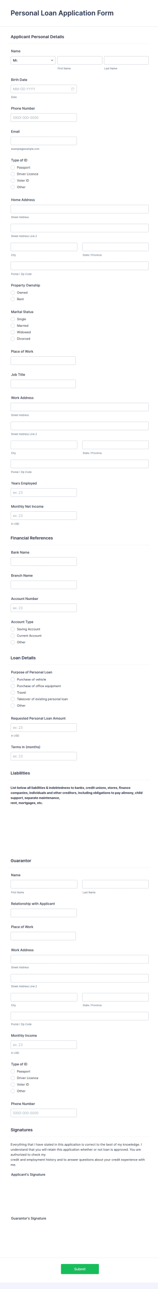 Personal Loan Application Form Template