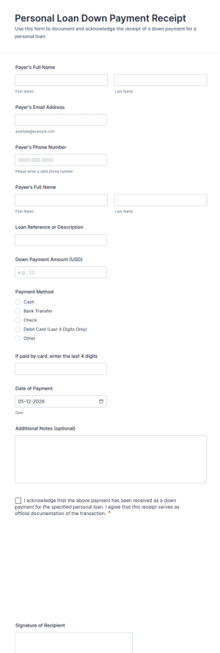 Personal Loan Down Payment Receipt Form Template