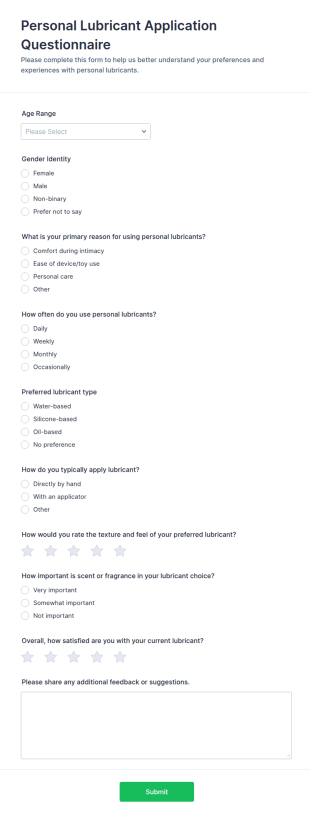 Personal Lubricant Application Questionnaire Form Template