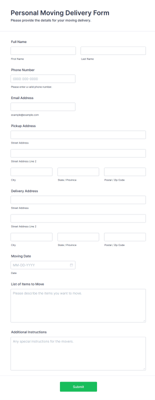 Personal Moving Delivery Form Form Template