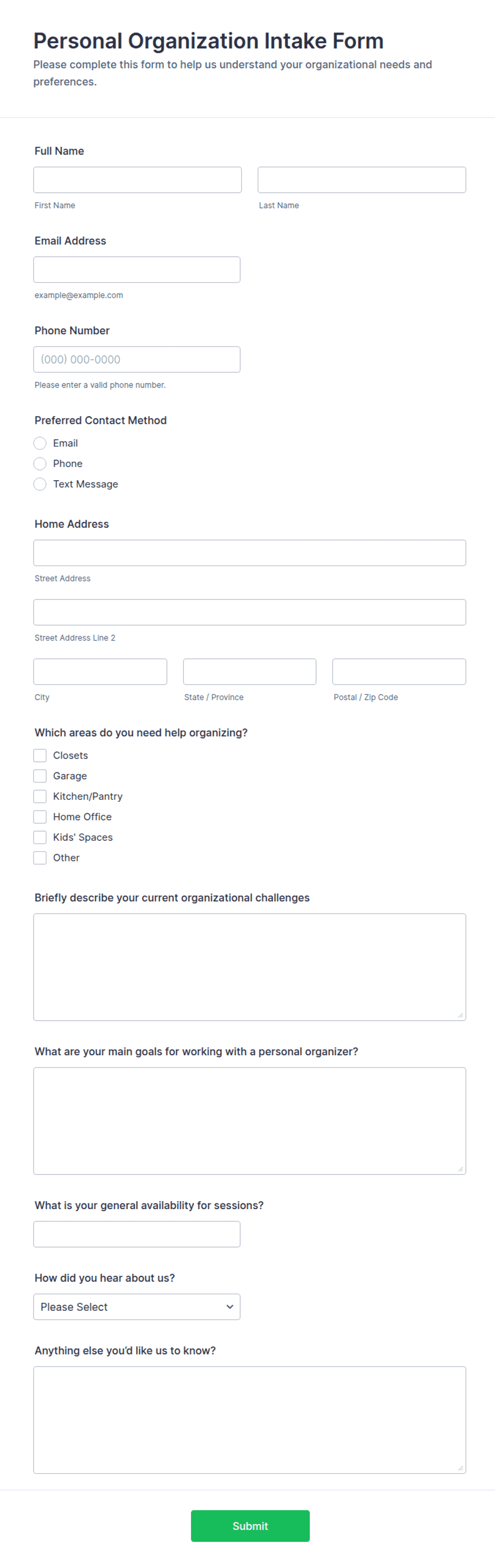 Personal Organization Intake Form Template | Jotform