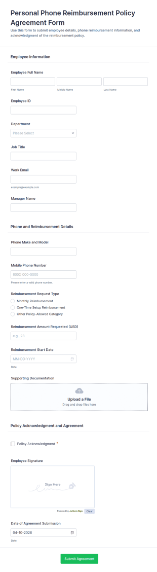Personal Phone Reimbursement Policy Agreement Form Template