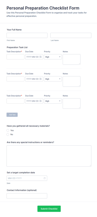 Personal Preparation Checklist Form Template