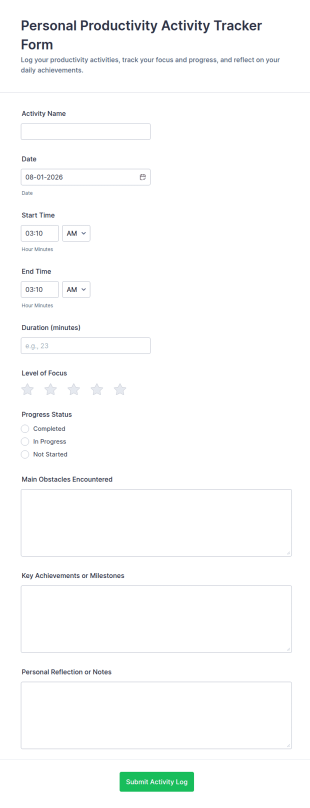 Personal Productivity Activity Tracker Form Template