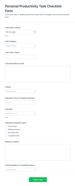 Personal Productivity Task Checklist Form Template
