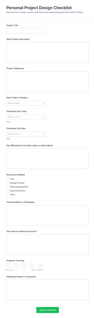 Personal Project Design Checklist Form Template