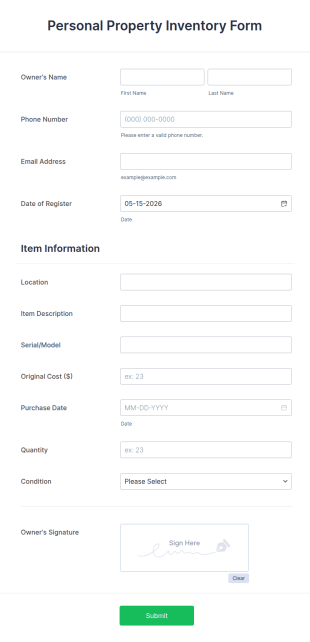 Personal Property Inventory Form Template
