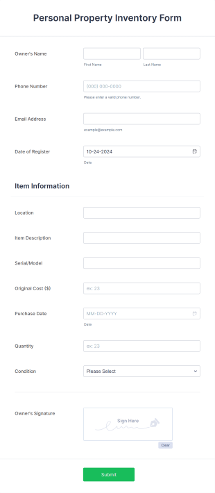 Personal Property Inventory Form Template