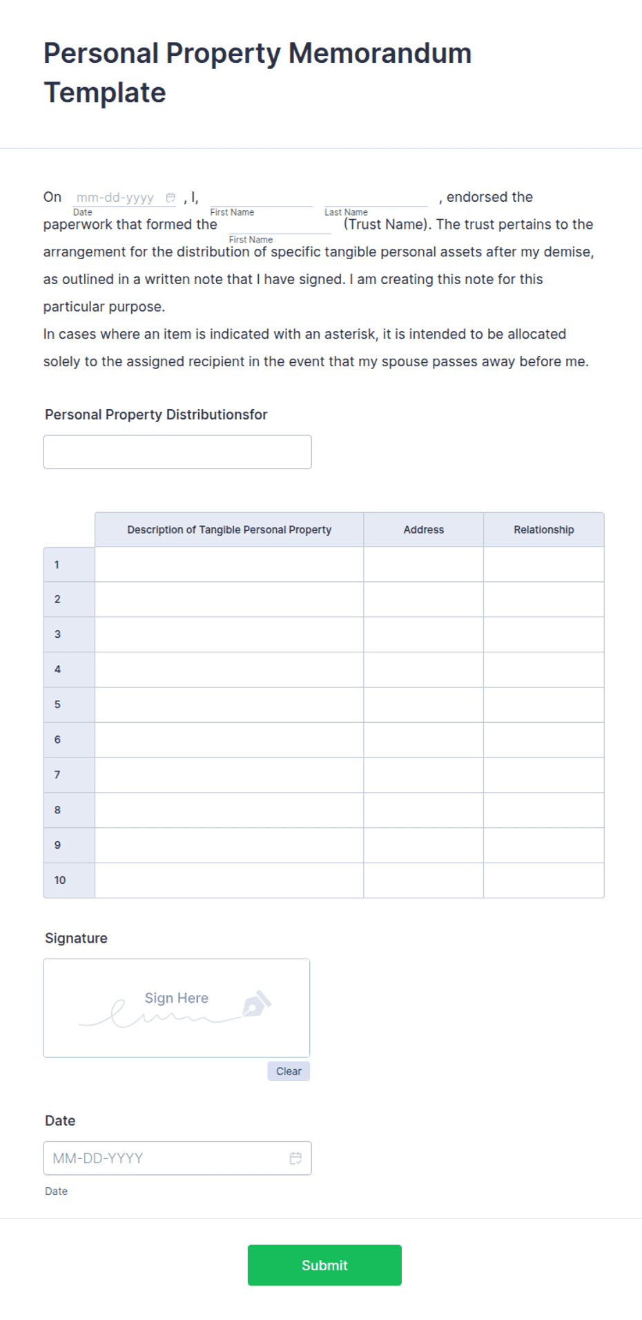 Personal Property Memorandum Template Jotform Personal Property Memorandum Template Jotform