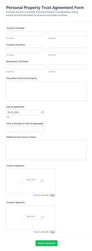 Personal Property Trust Agreement Form Template