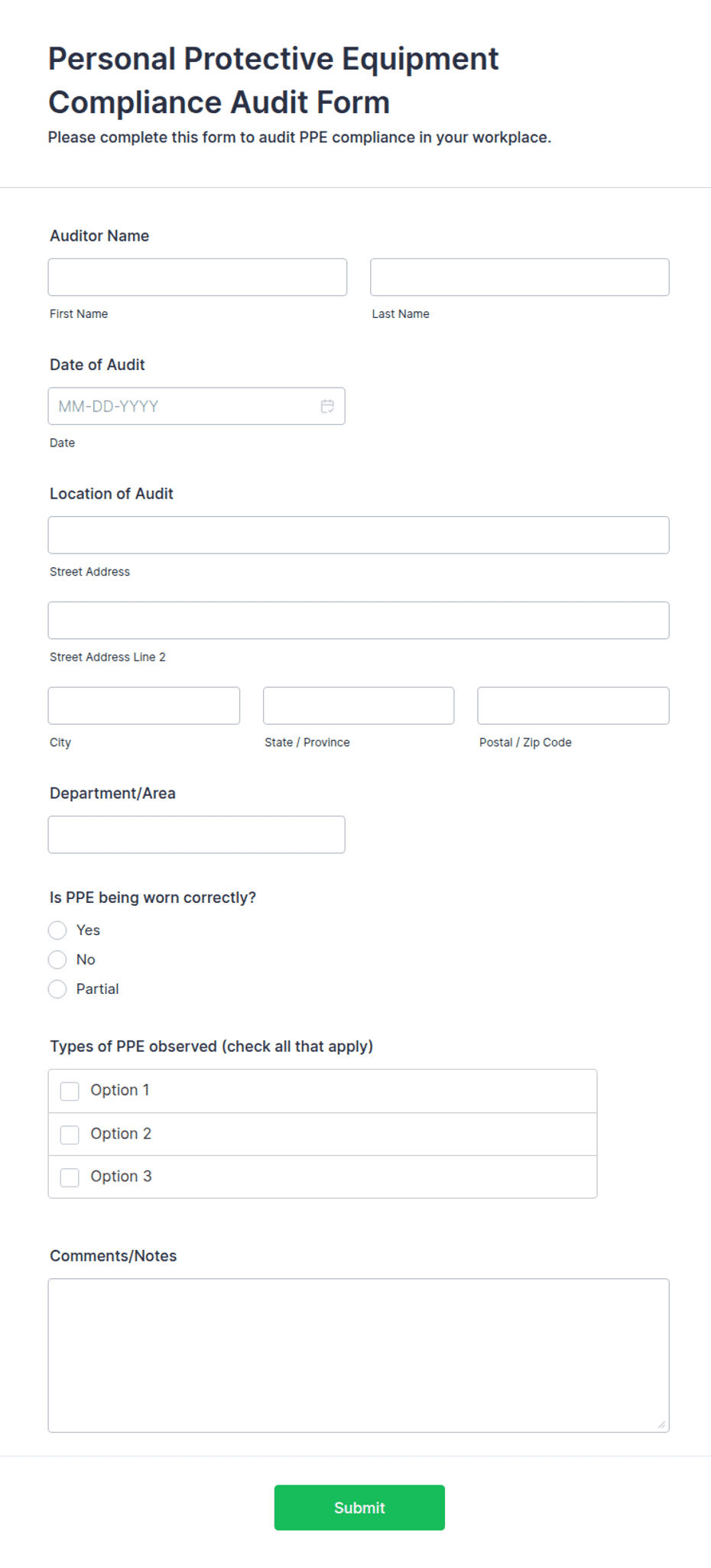 Personal Protective Equipment Compliance Audit Form Template | Jotform