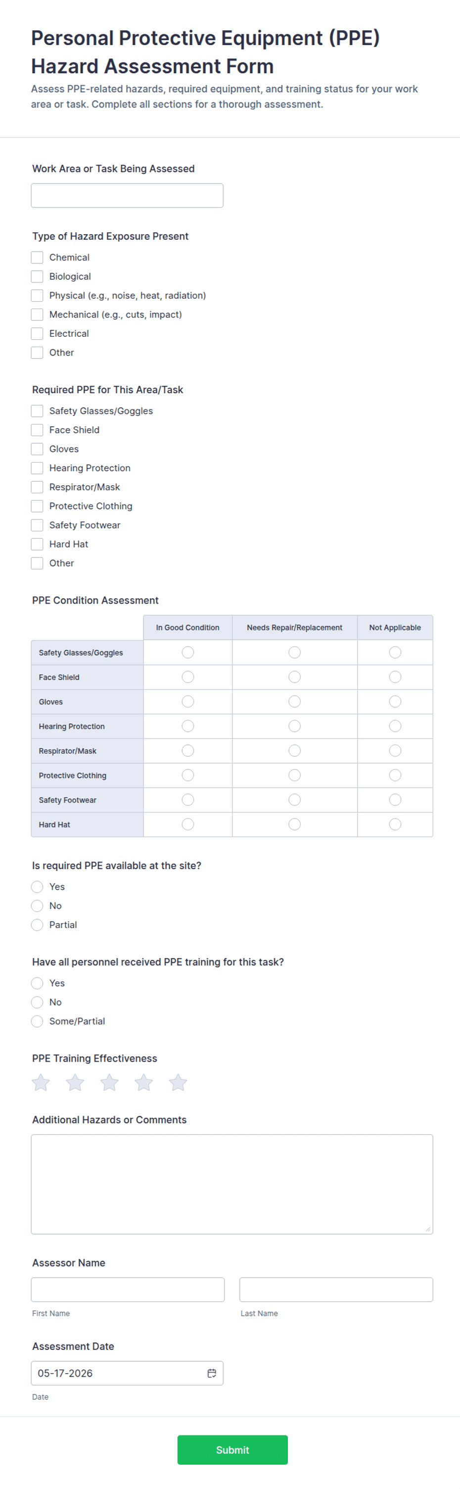 Personal Protective Equipment Hazard Assessment Form Template | Jotform