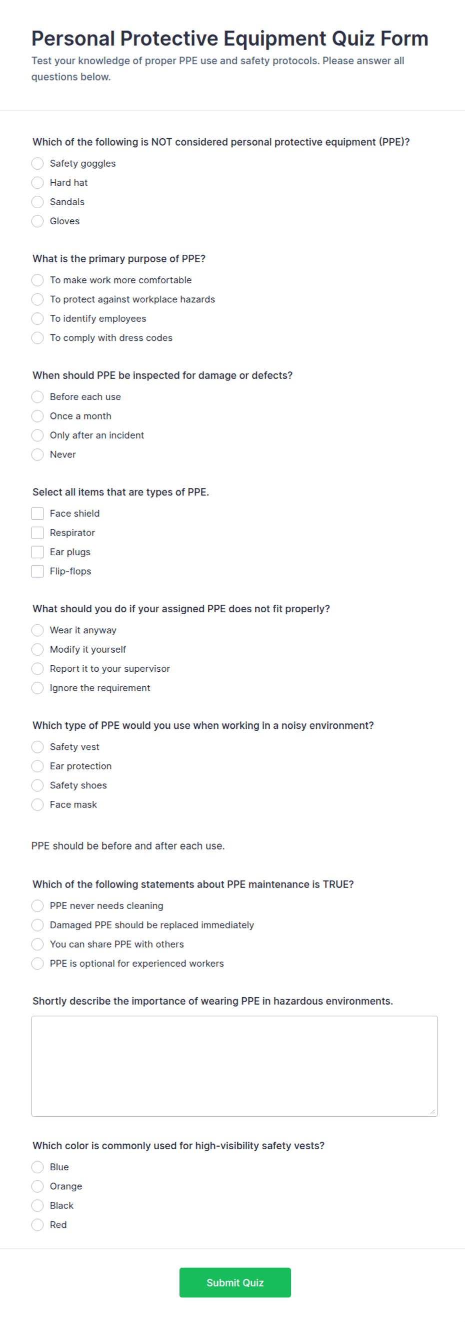 Personal Protective Equipment Quiz Form Template | Jotform