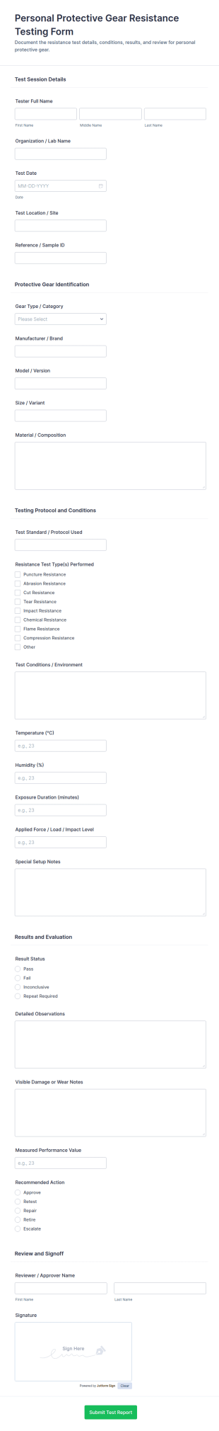 Personal Protective Gear Resistance Testing Form Template