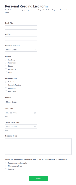 Personal Reading List Form Template