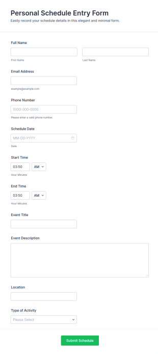 Personal Schedule Entry Form Template