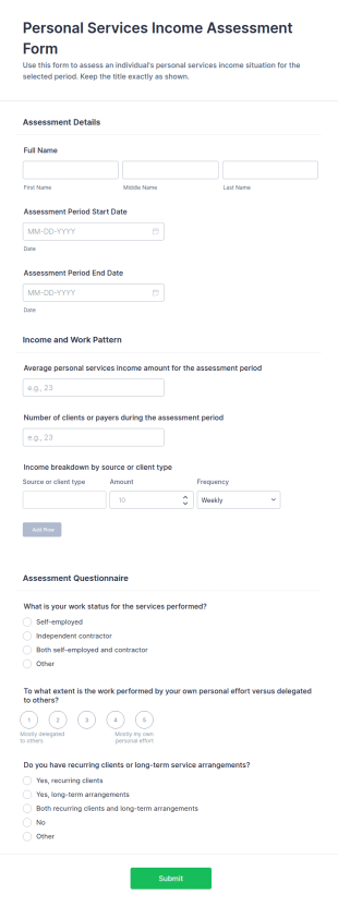 Personal Services Income Assessment Form Template
