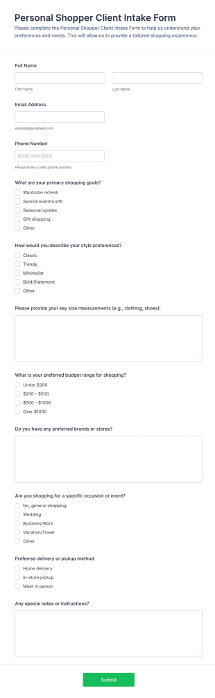 Personal Shopper Client Intake Form Template