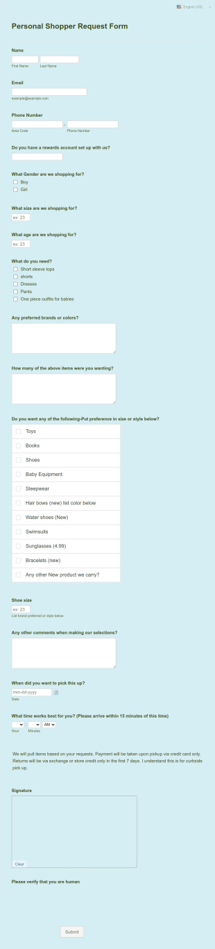 Personal Shopper Request Form Template