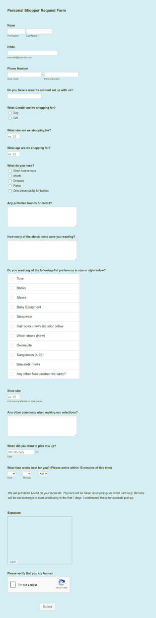 Personal Shopper Request Form Template