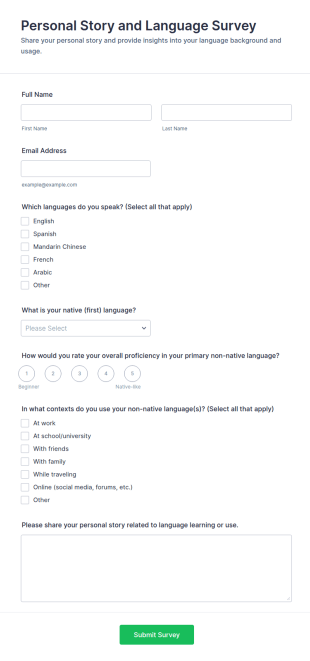 Personal Story And Language Survey Form Template