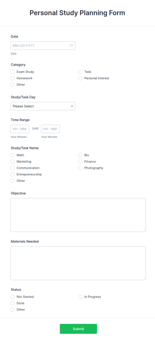 Personal Study Planning Form Template