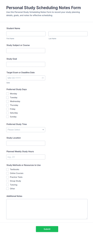 Personal Study Scheduling Notes Form Template