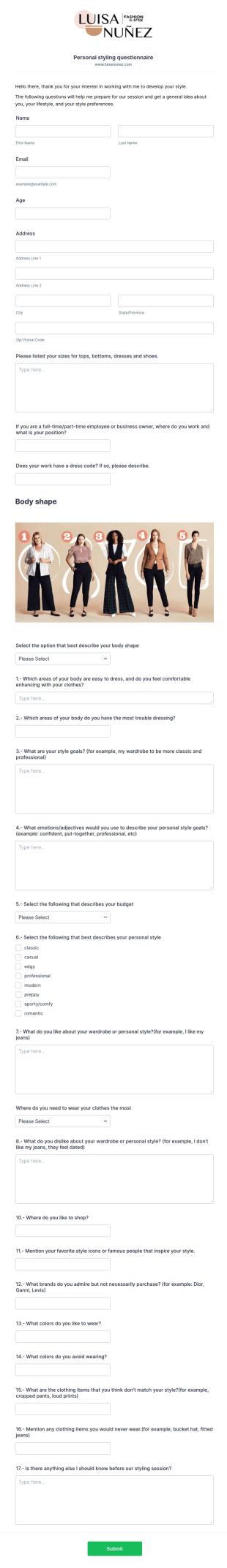 Personal Styling Questionnaire Form Template