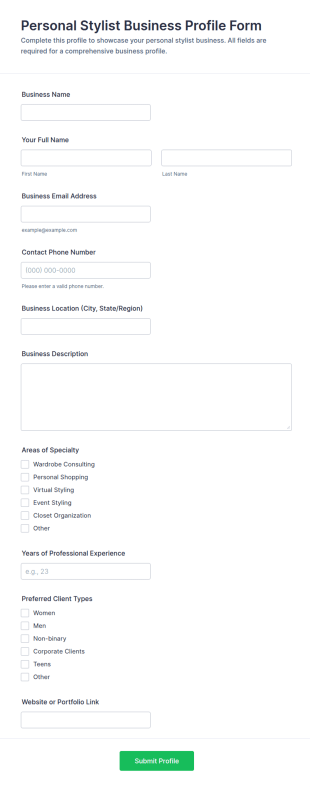 Personal Stylist Business Profile Form Template