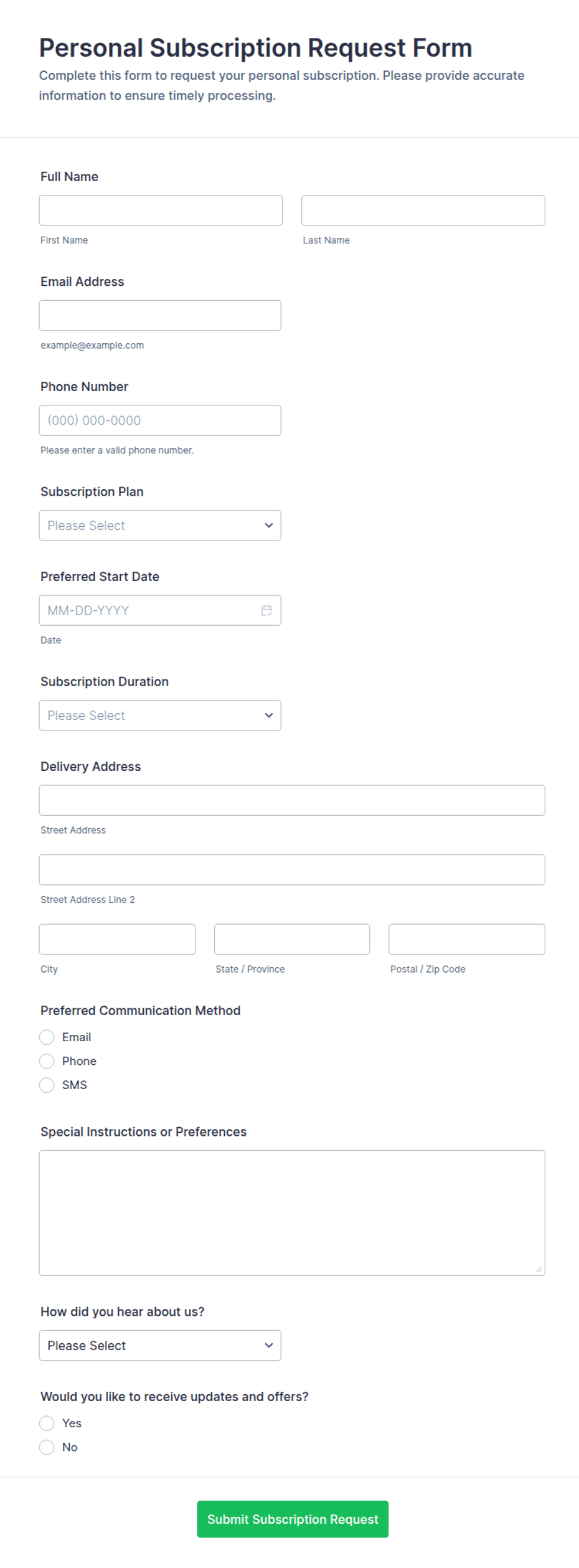 Personal Subscription Request Form Template | Jotform