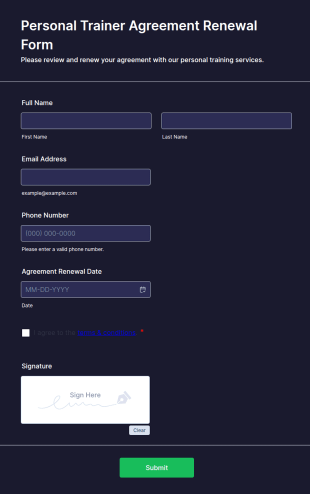 Personal Trainer Agreement Renewal Form Template