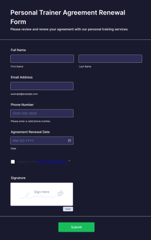 Personal Trainer Agreement Renewal Form Template