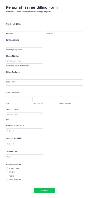 Personal Trainer Billing Form Template