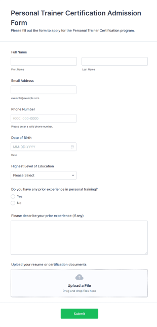 Personal Trainer Certification Admission Form Form Template