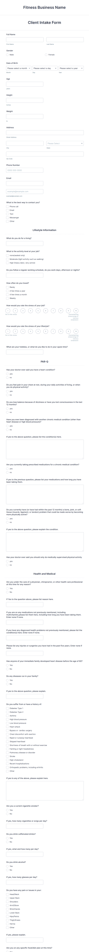 Personal Trainer Client Intake And Liability Form Template