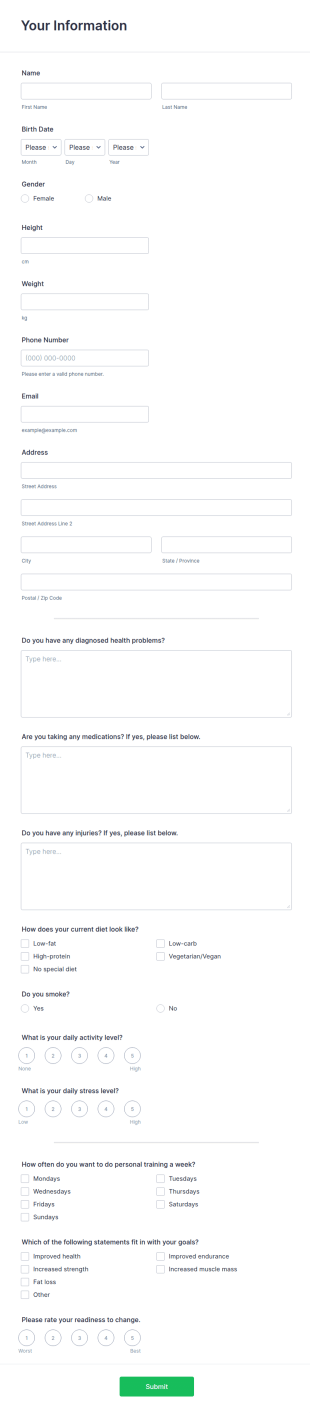 Personal Trainer Client Intake Form Template