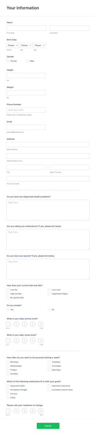 Personal Trainer Client Intake Form Template