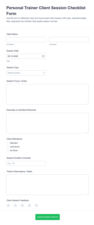 Personal Trainer Client Session Checklist Form Template