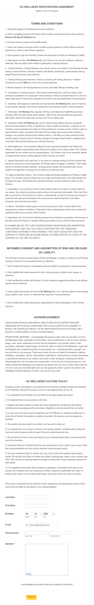 Personal Trainer Contract Form Template