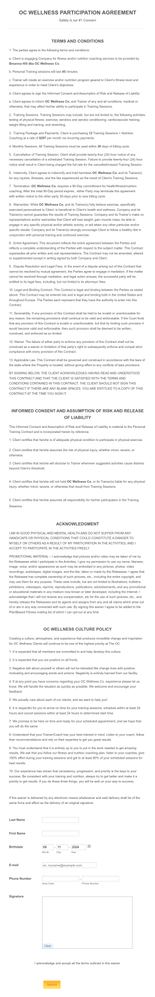 Personal Trainer Contract Form Template