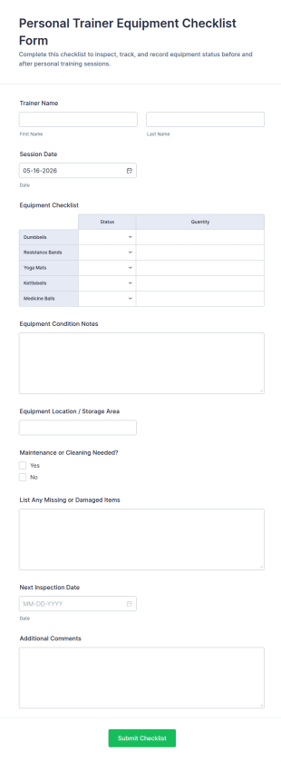 Personal Trainer Equipment Checklist Form Template