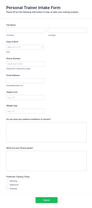 Personal Trainer Intake Form Template