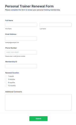 Personal Trainer Renewal Form Template