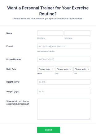 Personal Trainer Request Form Template