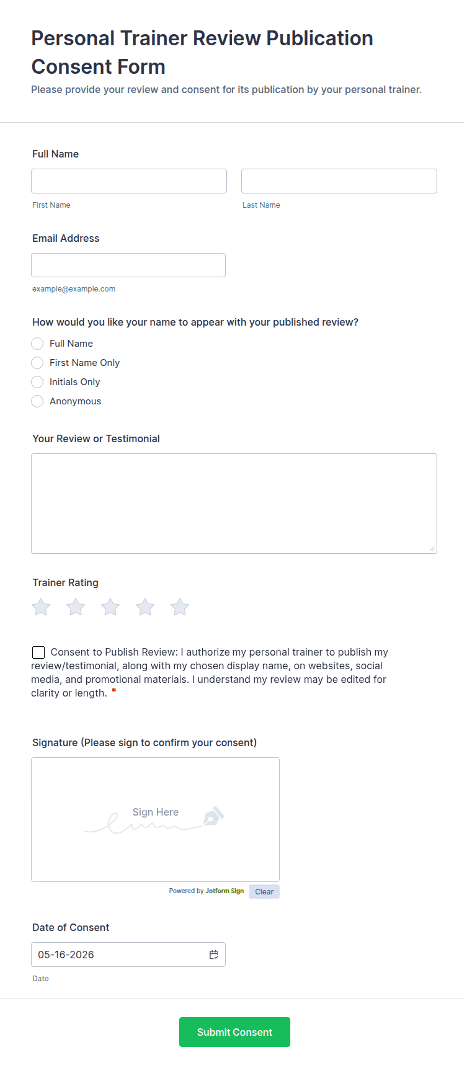 Personal Training Informed Consent Form.pdf Personal Trainer Review Publication Consent Form Template | Jotform