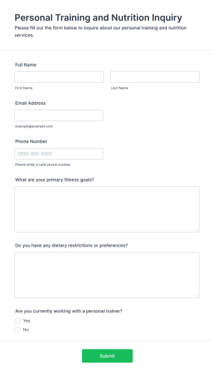 Personal Training And Nutrition Inquiry Form Template