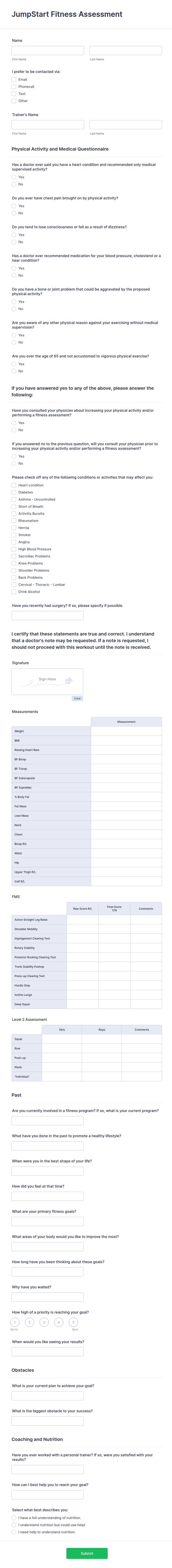 JumpStart Personal Training Assessment Form Template | Jotform